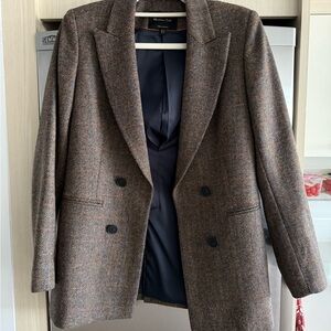 Massimo Dutti Brown Herringbone Double-Breasted Blazer